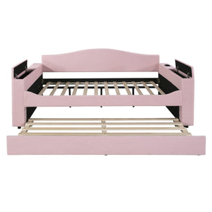 English Elm Full Upholstered Daybed with Trundle, Teddy Fleece Comfort, Bluetooth Speakers & Storage Arms for Cozy Sleepovers Pink SF000108AAH