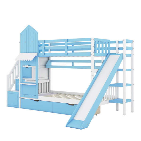 English Elm Twin-over-twin Castle Bunk Bed with Slide Storage Drawers and Shelves for Kids LT000559AAC-3