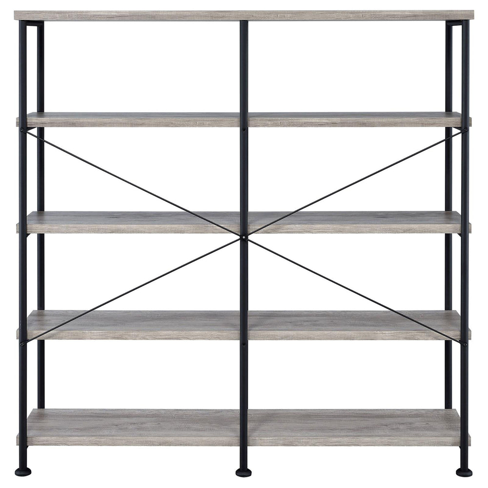 English Elm Grey Industrial Driftwood & Black Double-Wide Bookcase – 4-Tier Rustic Shelves, Metal Pipe Frame, 44 lb Capacity Each B062P153782