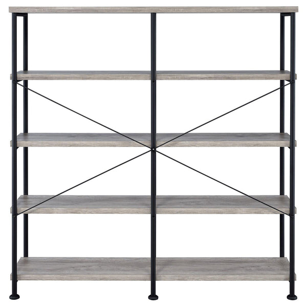English Elm Grey Industrial Driftwood & Black Double-Wide Bookcase – 4-Tier Rustic Shelves, Metal Pipe Frame, 44 lb Capacity Each B062P153782