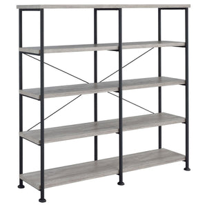 English Elm Grey Industrial Driftwood & Black Double-Wide Bookcase – 4-Tier Rustic Shelves, Metal Pipe Frame, 44 lb Capacity Each B062P153782