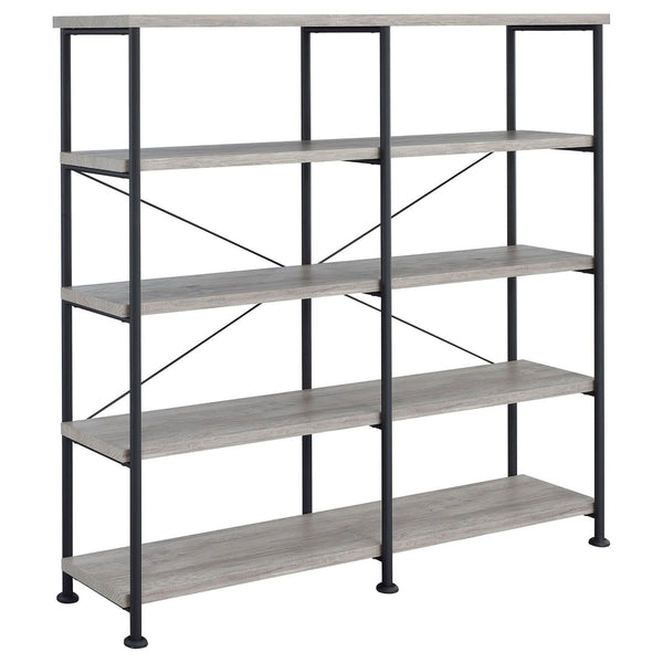 English Elm Grey Industrial Driftwood & Black Double-Wide Bookcase – 4-Tier Rustic Shelves, Metal Pipe Frame, 44 lb Capacity Each B062P153782