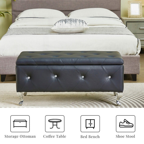 English Elm Tufted Velvet Storage Bench with Crystal Buttons for Bedroom Entryway Footrest W2268P146691