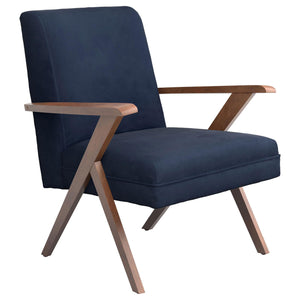 English Elm Dark Blue Vintage Mid-Century Accent Chair with Walnut Arms & Tapered Legs, Plush Upholstery B062P153760