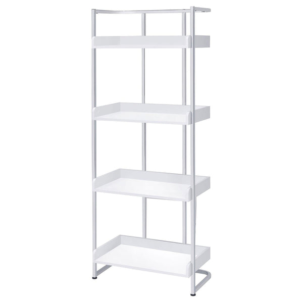English Elm Glossy White High Gloss & Chrome 4-Shelf Open Back Bookcase, Modern Storage Display, 67.5"H B062P153766