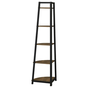 English Elm Aged Walnut Mid-Century 5-Tier Corner Bookcase — Space-Saving Triangular Shelves, Metal Frame Accent B062P153786