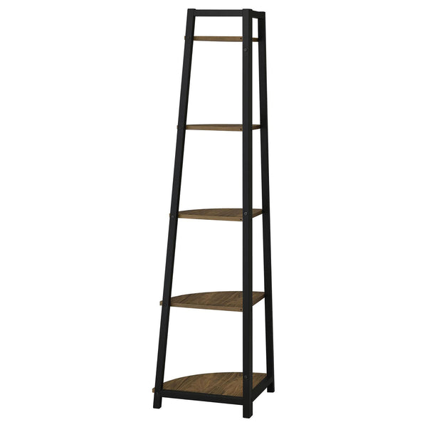 English Elm Aged Walnut Mid-Century 5-Tier Corner Bookcase — Space-Saving Triangular Shelves, Metal Frame Accent B062P153786