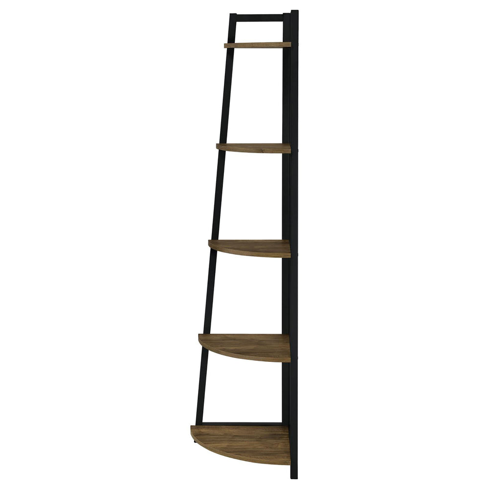 English Elm Aged Walnut Mid-Century 5-Tier Corner Bookcase — Space-Saving Triangular Shelves, Metal Frame Accent B062P153786