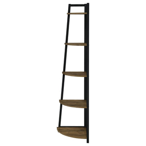 English Elm Aged Walnut Mid-Century 5-Tier Corner Bookcase — Space-Saving Triangular Shelves, Metal Frame Accent B062P153786