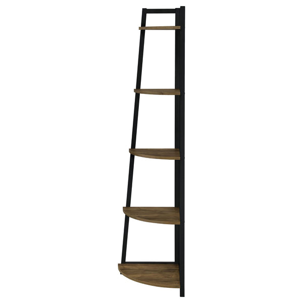 English Elm Aged Walnut Mid-Century 5-Tier Corner Bookcase — Space-Saving Triangular Shelves, Metal Frame Accent B062P153786