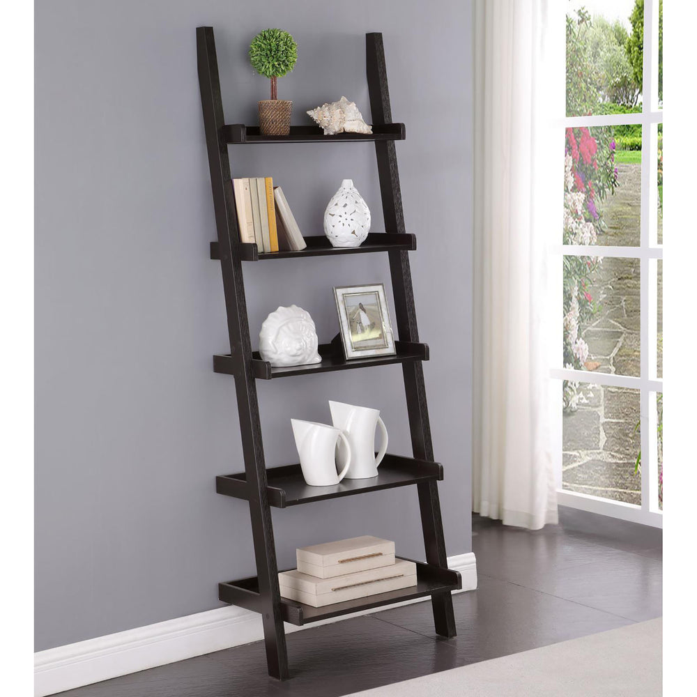 English Elm Cappuccino Leaning Ladder 5-Shelf Bookcase, Charming Rustic Home Decor, Sturdy 72" Tall Display Storage B062P153772