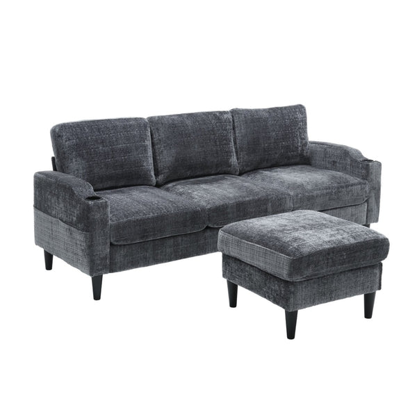 English Elm United We Win Chenille Three Seat Sectional Sofa with Storage Ottoman and Cup Holders Grey W1568142738