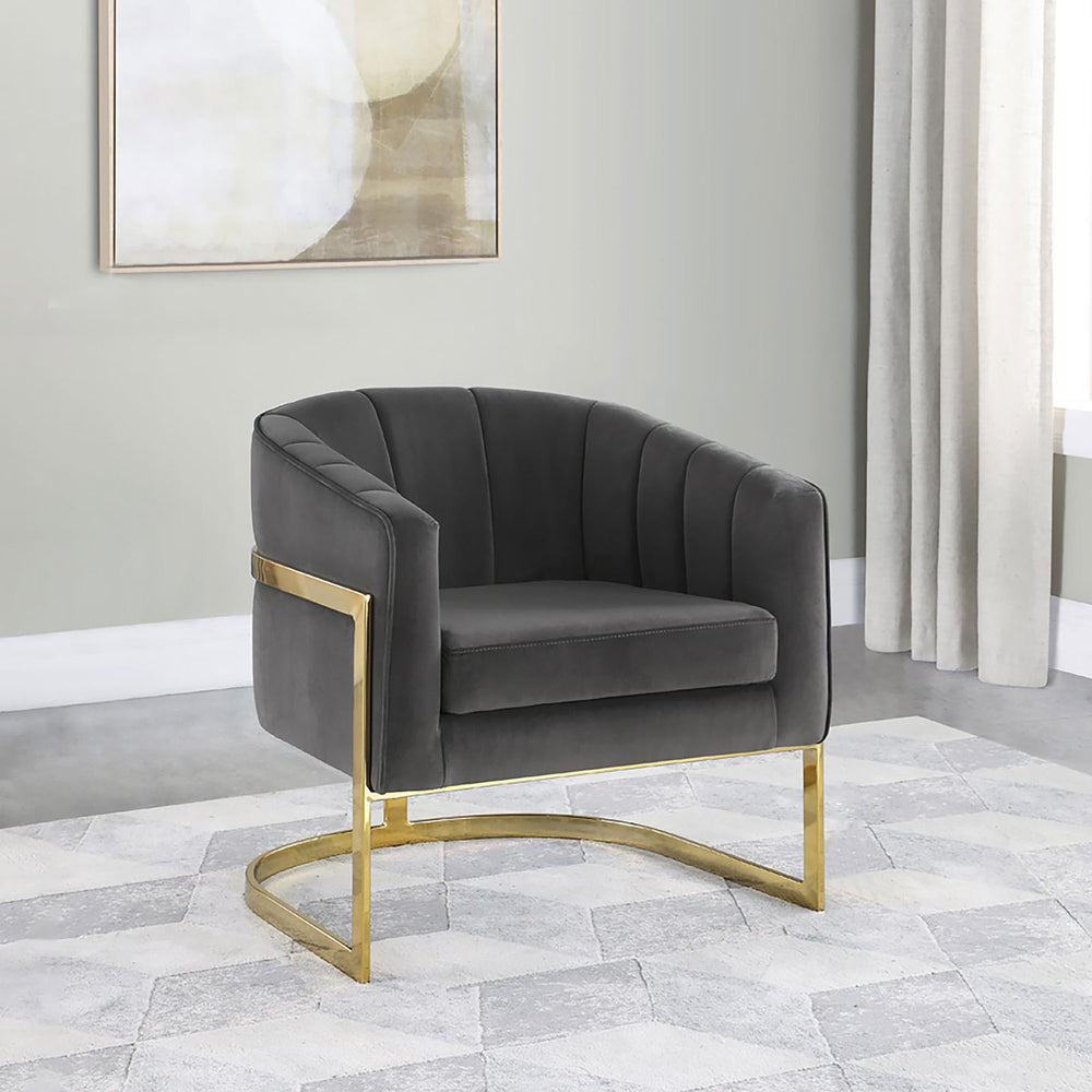 English Elm Dark Velvet Barrel Chair with Gold Floating Base, Tufted Charcoal Velvet Accent Seating for Living Rooms B062P153751
