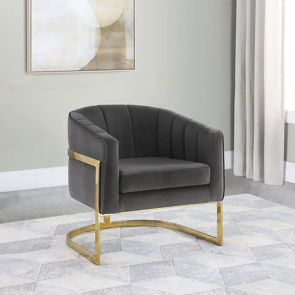 English Elm Dark Velvet Barrel Chair with Gold Floating Base, Tufted Charcoal Velvet Accent Seating for Living Rooms B062P153751