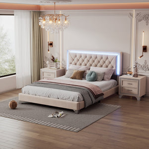 English Elm 3-Pieces Bedroom Sets,Queen Size Upholstered Platform Bed With Led Lights and Two Nightstands-Beige