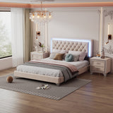 3-Piece Queen Bedroom Set: LED Upholstered Bed & 2 Nightstands - Beige