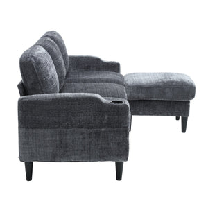 English Elm United We Win Chenille Three Seat Sectional Sofa with Storage Ottoman and Cup Holders Grey W1568142738