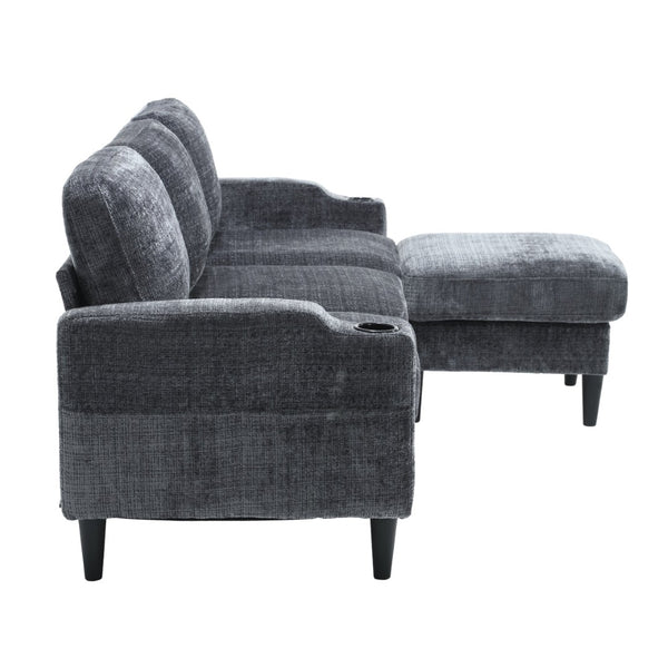 English Elm United We Win Chenille Three Seat Sectional Sofa with Storage Ottoman and Cup Holders Grey W1568142738