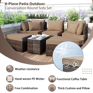 English Elm TOPMAX 6-Piece Patio Conversation Sofa Set with Modular Seating, Thick Cushions & Tempered Glass Table Brown SP100020AAE