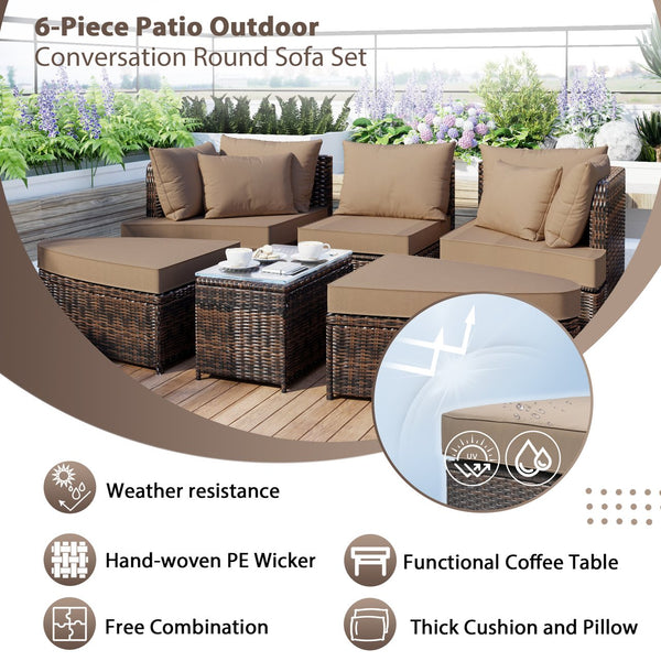 English Elm TOPMAX 6-Piece Patio Conversation Sofa Set with Modular Seating, Thick Cushions & Tempered Glass Table Brown SP100020AAE