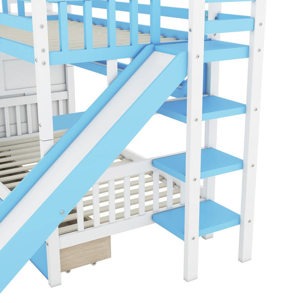 English Elm Twin-over-twin Castle Bunk Bed with Slide Storage Drawers and Shelves for Kids LT000559AAC-3