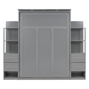 English Elm Full Size Murphy Wall Bed with Led Lighting Open Shelves Drawers Mdf Cabinet LP000565AAE-1