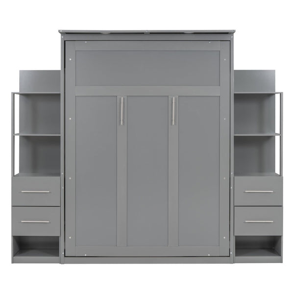 English Elm Full Size Murphy Wall Bed with Led Lighting Open Shelves Drawers Mdf Cabinet LP000565AAE-1