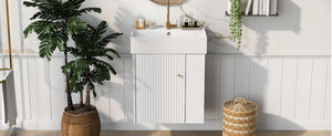 English Elm 21.6inch Modern Floating Bathroom Vanity with Ceramic Basin, Wave Door, Rose Gold Handle, Right Side Storage and Soft-Close Design WF318757AAK