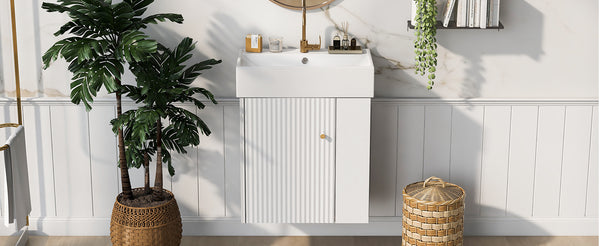 English Elm 21.6inch Modern Floating Bathroom Vanity with Ceramic Basin, Wave Door, Rose Gold Handle, Right Side Storage and Soft-Close Design WF318757AAK