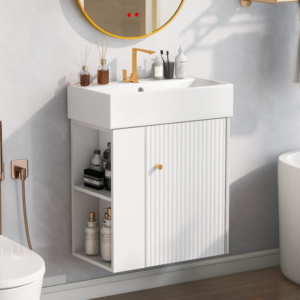 English Elm 21.6inch Modern Floating Bathroom Vanity with Ceramic Basin, Left-Side Storage, Soft-Close Door, Rose Gold Handle WF318758AAK