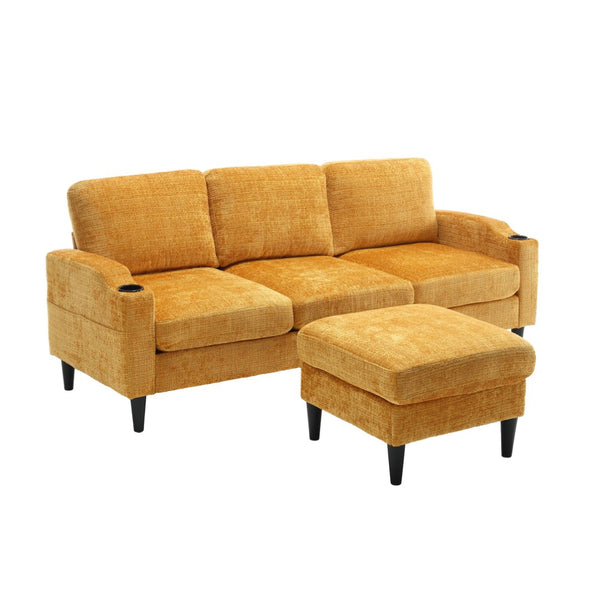 English Elm United We Win Chenille Three Seat Sectional Sofa with Storage Ottoman and Cup Holders Yellow W1568142737