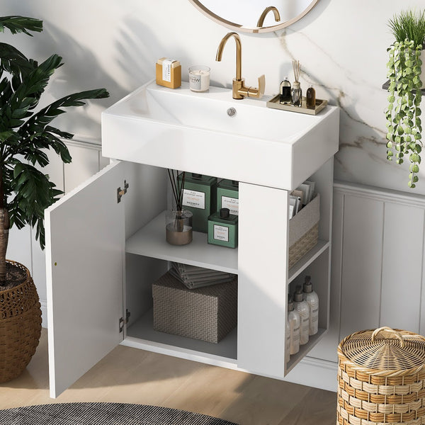 English Elm 21.6inch Modern Floating Bathroom Vanity with Ceramic Basin, Wave Door, Rose Gold Handle, Right Side Storage and Soft-Close Design WF318757AAK