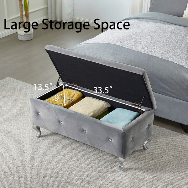 English Elm Tufted Velvet Storage Bench with Crystal Buttons for Bedroom Entryway Footrest W2268P146701