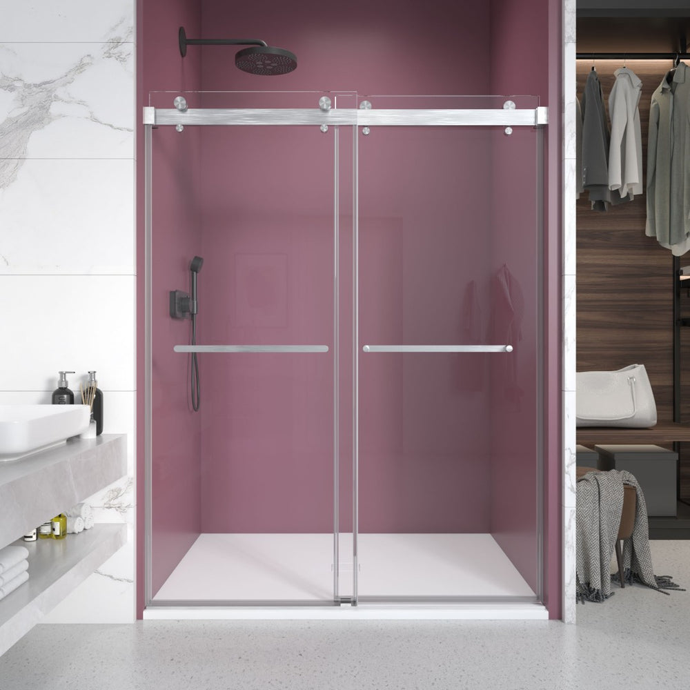 English Elm 56'' Frameless Double Sliding Shower Door Tempered Glass Spa Style Master Bath Upgrade Brushed Nickel B133P156463