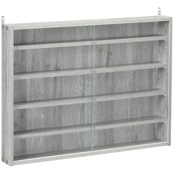 English Elm 5-Tier Display Cabinet with Glass Doors and Adjustable Shelves Wall-Mounted Collectible Case for Home Decor Gray W2225P155587