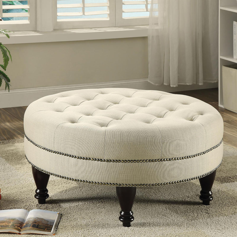English Elm Oatmeal Round Tufted Cocktail Ottoman with Nailhead Trim and Turned Dark Wood Legs for Luxury Seating B062P153810