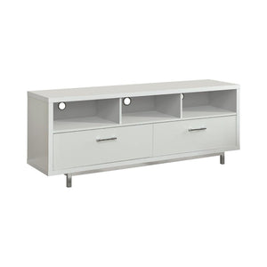 English Elm White Modern 60" TV Console with 2 Drawers & 3 Open Cubby Shelves, Chrome Legs, Sleek Storage Elegance B062P153846