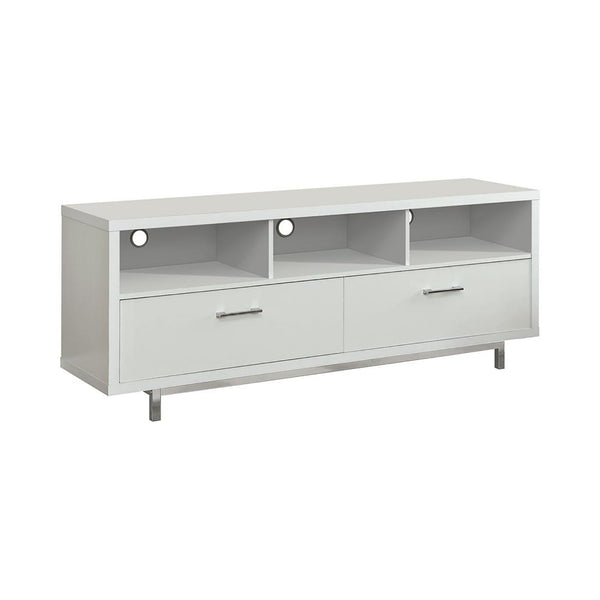 English Elm White Modern 60" TV Console with 2 Drawers & 3 Open Cubby Shelves, Chrome Legs, Sleek Storage Elegance B062P153846