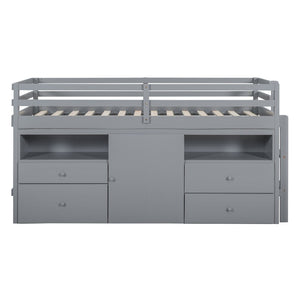 English Elm Twin Loft Bed with 4 Drawers Open Shelving and Cabinet for Kids Bedroom Storage Gray LT000762AAE