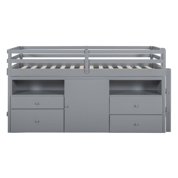 English Elm Twin Loft Bed with 4 Drawers Open Shelving and Cabinet for Kids Bedroom Storage Gray LT000762AAE