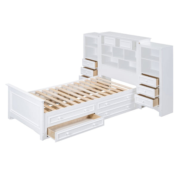 English Elm Twin Platform Bed with Vertical Storage Cabinet and 8 Under Drawer White Wood Frame LP000761AAK-2