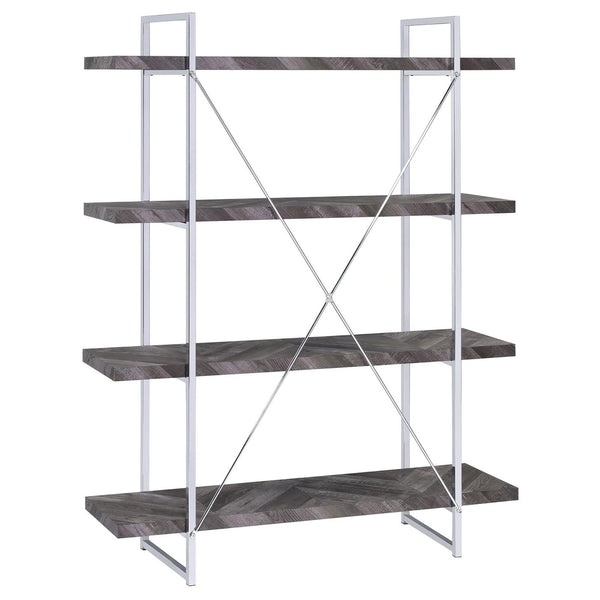English Elm Rustic Grey Herringbone Bookcase with Industrial Metal Frame, 4 Full-Length Shelves, Stylish Storage B062P153825