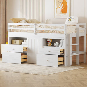 English Elm Twin Loft Bed with 4 Drawers Open Shelving and Cabinet for Kids Bedroom Storage White LT000762AAK