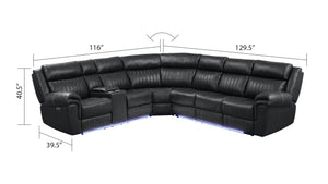 English Elm Modern Aviator Recliner Sectional Sofa with Bluetooth Speakers, Touchpad Control, Wireless Charging and LED Ambience Black B009S01292