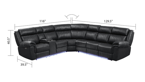 English Elm Modern Aviator Recliner Sectional Sofa with Bluetooth Speakers, Touchpad Control, Wireless Charging and LED Ambience Black B009S01292