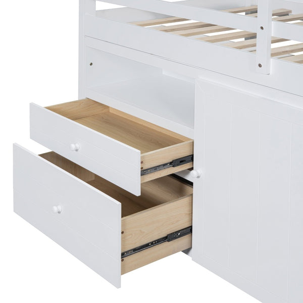 English Elm Twin Loft Bed with 4 Drawers Open Shelving and Cabinet for Kids Bedroom Storage White LT000762AAK