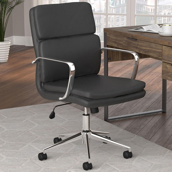 English Elm Black Modern Height-Adjustable Rolling Office Chair with Chrome Arms & Base, Sleek Seamed Leatherette Design B062P153791