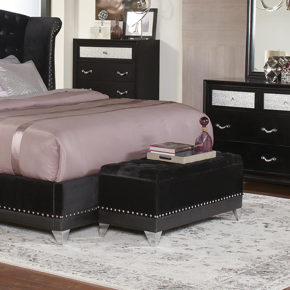 English Elm Black Tufted Trunk Velvet Storage Bench with Nailhead Trim, Mirrored Legs & Spacious Interior Glam B062P153844
