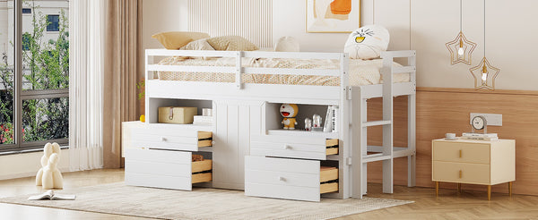 English Elm Twin Loft Bed with 4 Drawers Open Shelving and Cabinet for Kids Bedroom Storage White LT000762AAK
