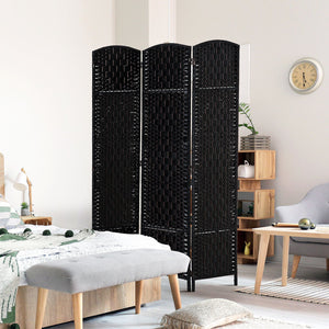 English Elm 6' Tall Wicker Weave Room Divider - Elegant 3-Panel Privacy Screen With Adjustable Hinges, Black Finish W2225P155589